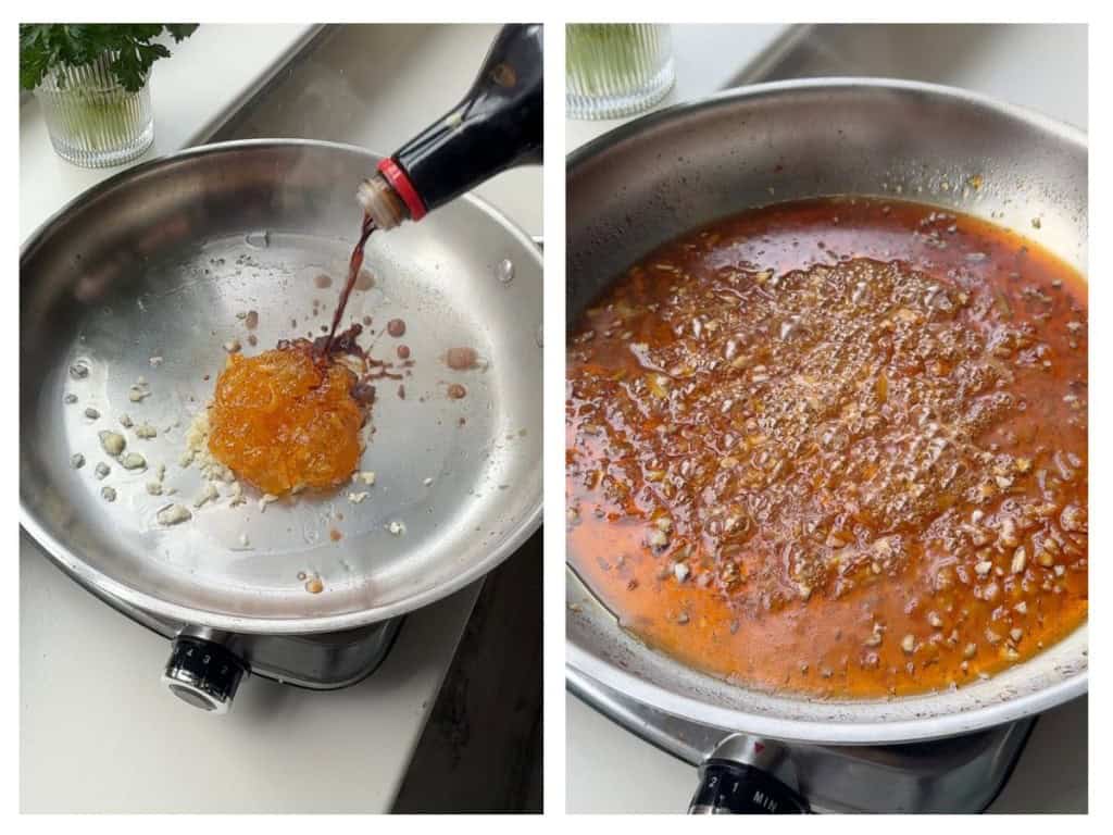 Adding soy sauce to a skillet with orange marmalade and minced garlic to make orange sauce for orange chicken