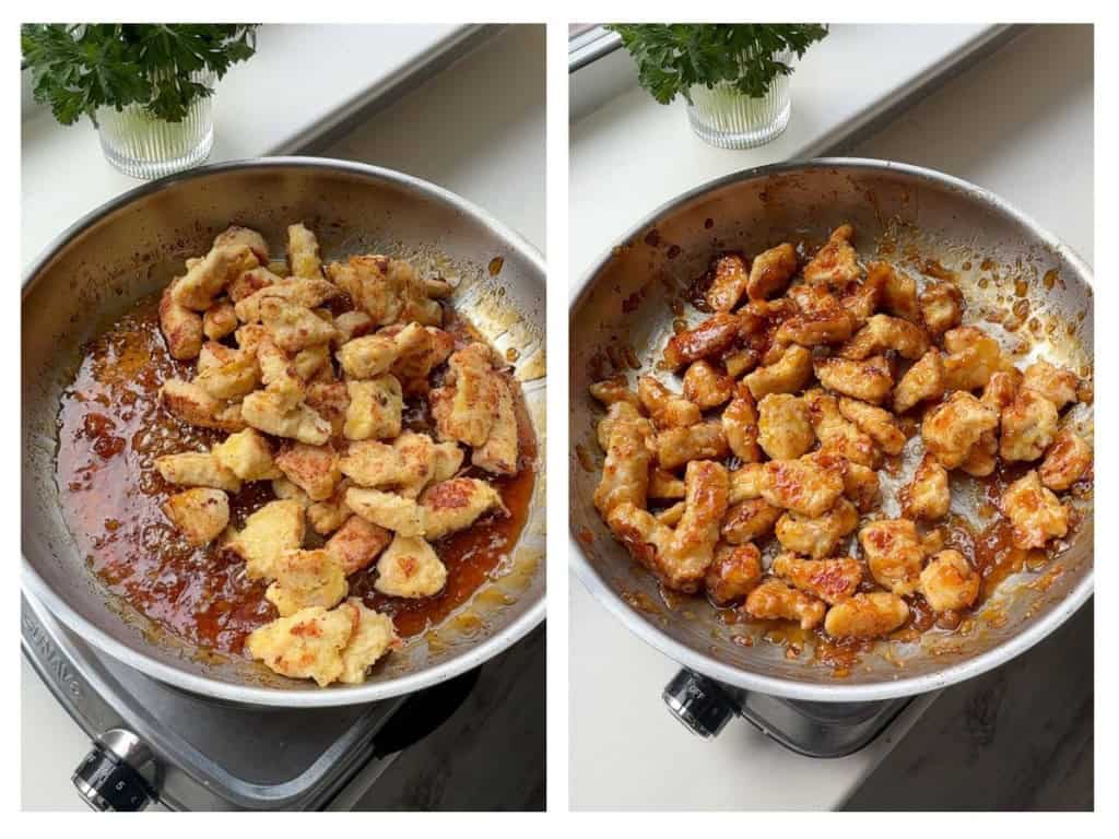 Adding baked chicken to orange sauce in a skillet and then tossed to coat