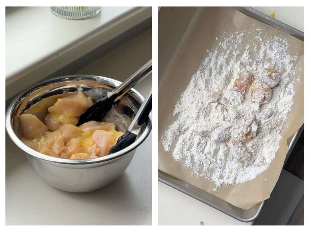 Chicken pieces in egg mixture in a bowl, then coating them in flour and cornstarch mixture