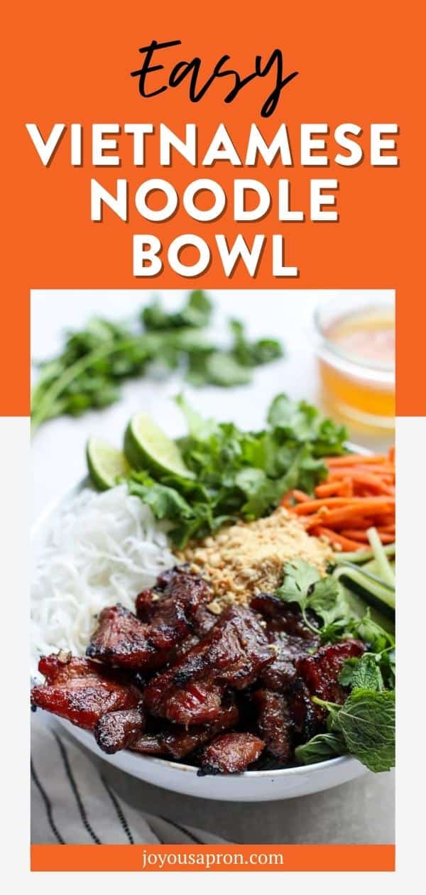 Vietnamese Vermicelli Noodle Bowl - healthy and yummy Asian noodle dish with marinated grilled pork, carrots, cucumbers, mint leaves, peanuts, lime and lettuce. Tossed in a homemade sauce made with fish sauce. via @joyousapron