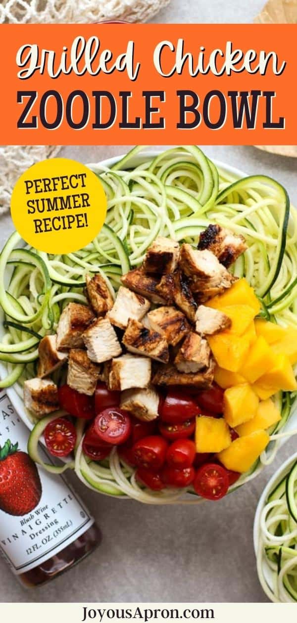 Grilled Chicken Zoodles - An easy, low carb and healthy zucchini noodle salad dish combined with grilled chicken, tomatoes, mangoes and a delicious light vinaigrette dressing. A great light summer meal. via @joyousapron