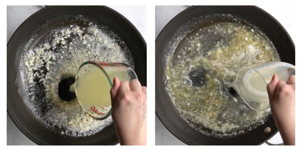 Adding lemon juice and then reserved pasta water to skillet