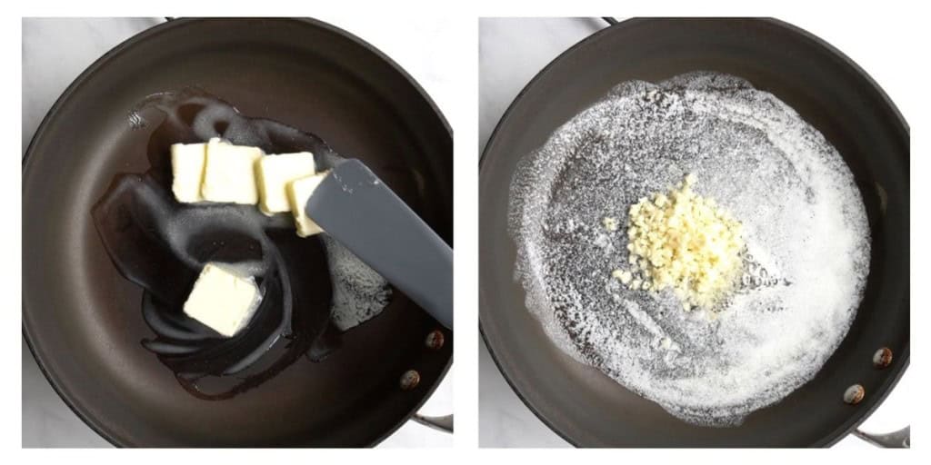 Searing butter in a skillet, followed by chopped garlic