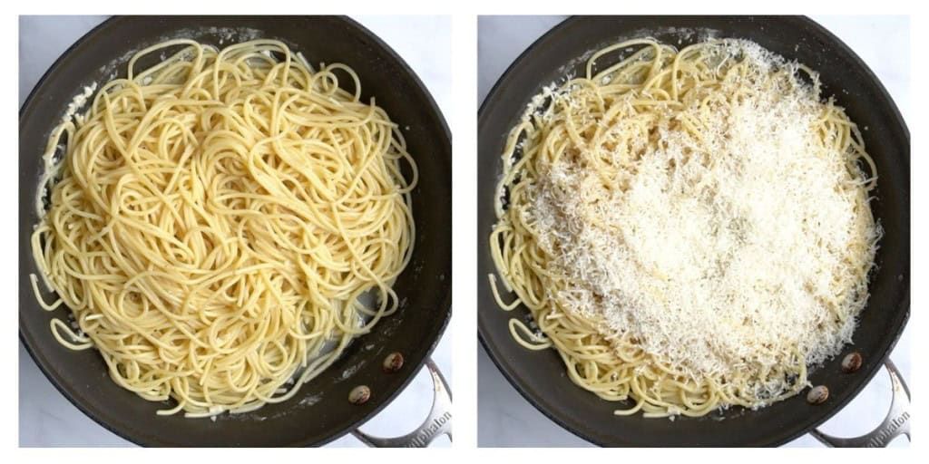 Adding spaghetti pasta to skillet followed by grated parmesan cheese