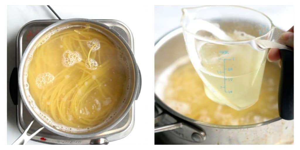 Boiling pasta in a pot and then reserving a cup of pasta water