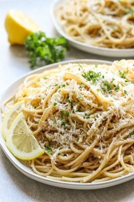 Two plates of Lemon Garlic Parmesan Pasta