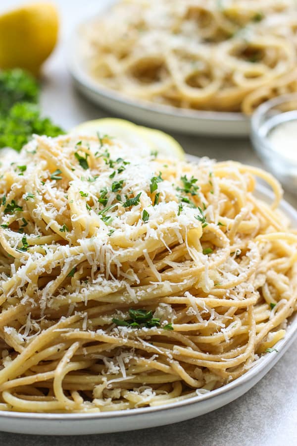 Spaghetti pasta tossed in garlic, butter, parmesan cheese and lemon