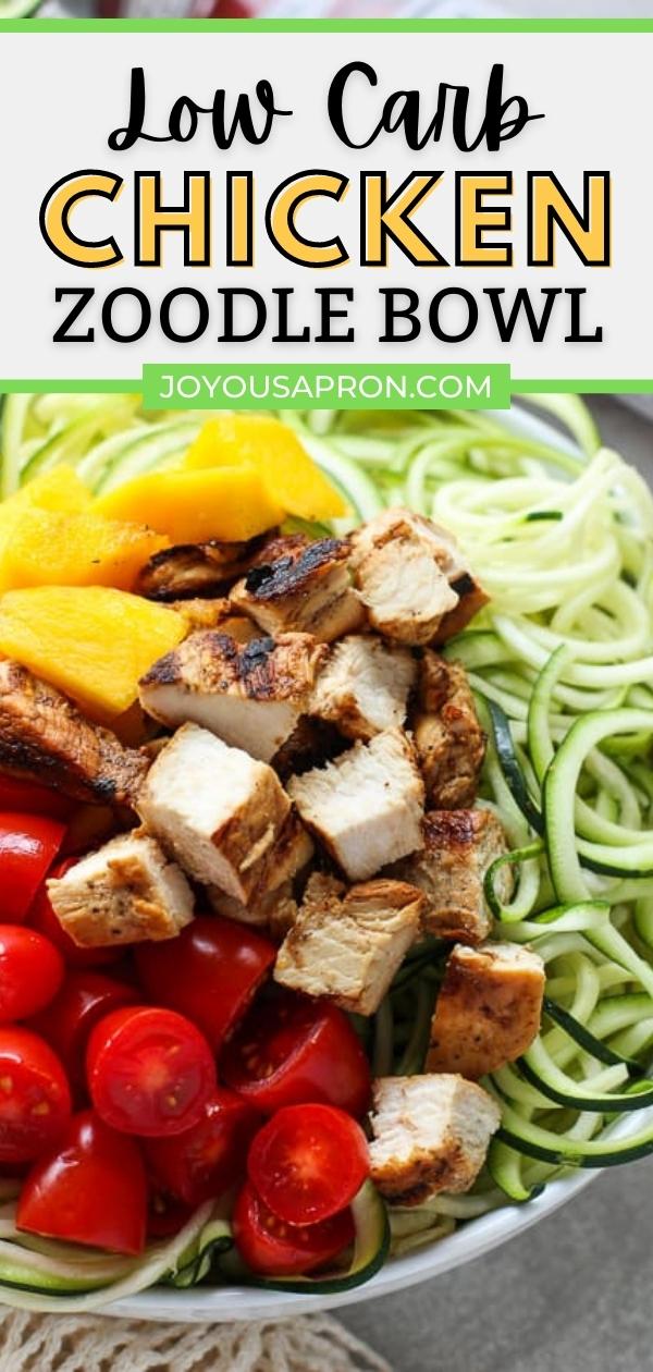 Grilled Chicken Zoodles - An easy, low carb and healthy zucchini noodle salad dish combined with grilled chicken, tomatoes, mangoes and a delicious light vinaigrette dressing. A great light summer meal. via @joyousapron