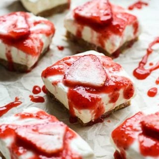 No Bake Cheese cake bites topped with strawberry and strawberry sauce