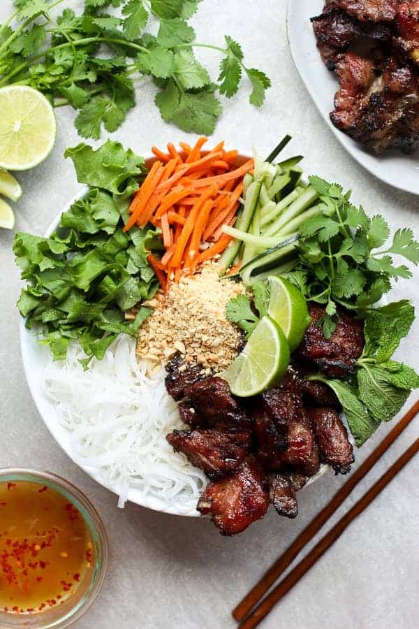 A top down view of a bowl of Vietnamese Noodle Bowl