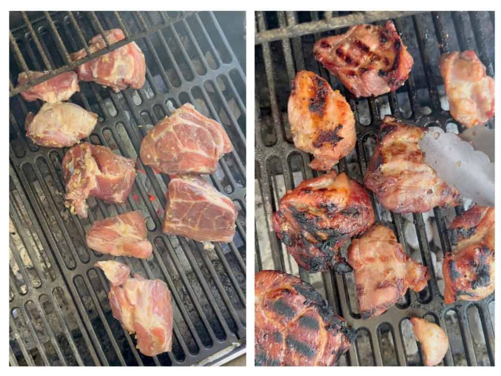 Grilling marinated pork on a charcoal grill