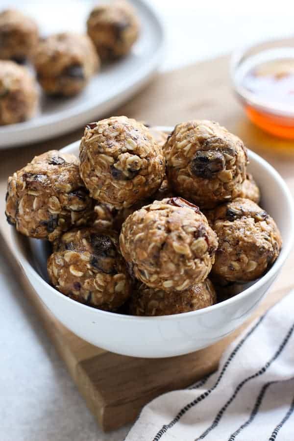 A bowl fo No Bake Almond Butter Energy Balls