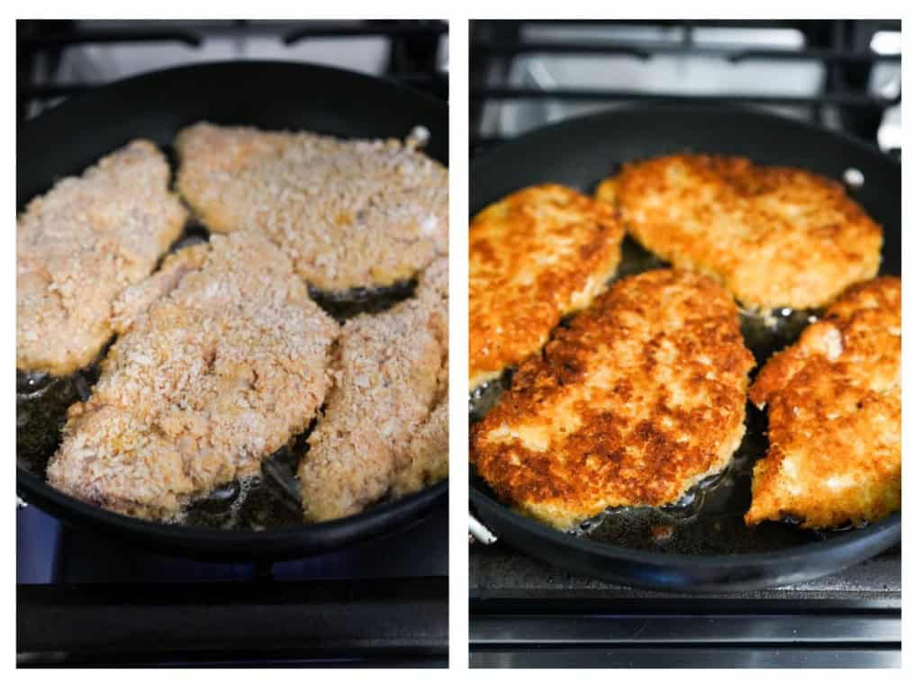 Pan frying crispy breaded chicken in hot oil on a skillet