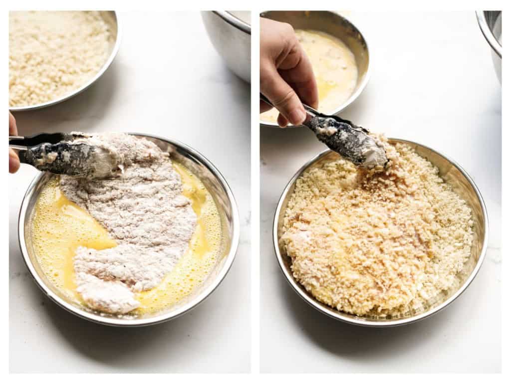 Coating chicken breast in egg mixture and then in panko breadcrumb mixture