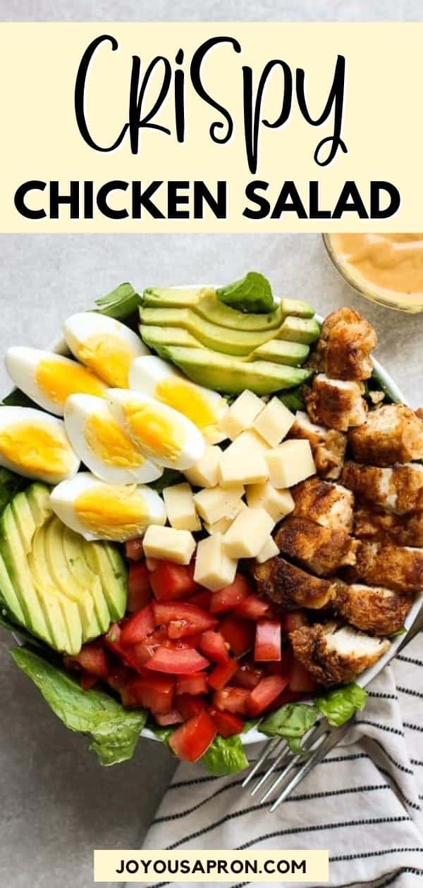 Crispy Chicken Salad with Honey Mustard BBQ Dressing - lettuce topped with crispy fried chicken, veggies, avocados, boiled eggs and cheese, then drizzled with Honey Mustard BBQ Dressing. A delicious low carb meal! via @joyousapron