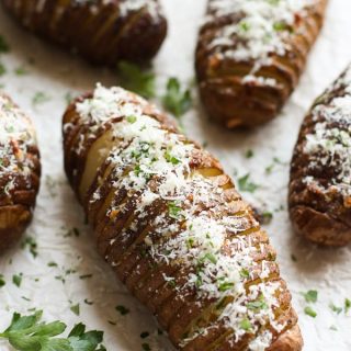 Closeup of Garlic Parmesan Hasselback Potatoes