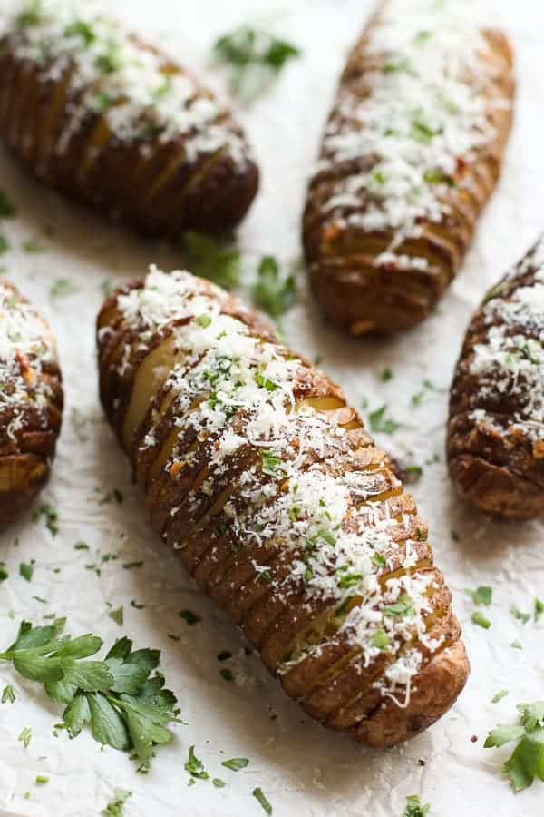 Closeup of Garlic Parmesan Hasselback Potatoes