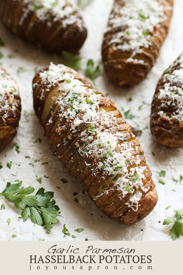 Garlic Parmesan Hasselback Potatoes - a yummy and easy potato side dish! Perfect for dinner any day or the holidays. Crispy potato infused with cheese, butter and garlic flavors. Great for the Fall or any time! via @joyousapron