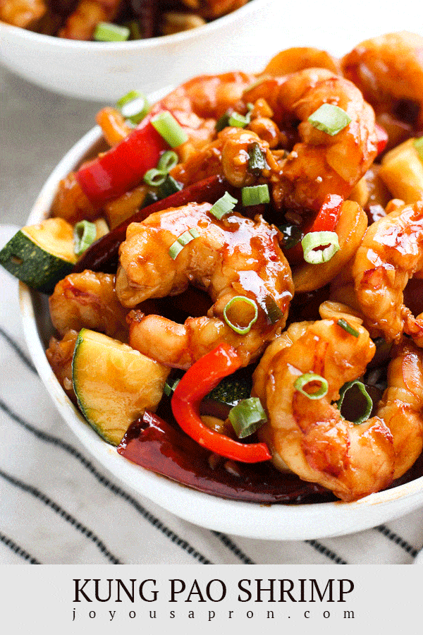 Kung Pao Shrimp - easy, healthy and delicious Asian seafood dish! Delicious shrimp stir fry dish tossed in a homemade Kung Pao sauce, combined with yummy veggies. Sooo much yummier and healthier than Chinese takeout! via @joyousapron