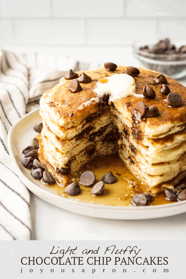 Light and Fluffy Chocolate Chip Pancakes - a delicious breakfast and brunch recipe! These pancakes are easy to make and the perfect comfort food for any day! Serve with maple syrup or other fun toppings! Great for the holidays, or breakfast for dinner as well! via @joyousapron