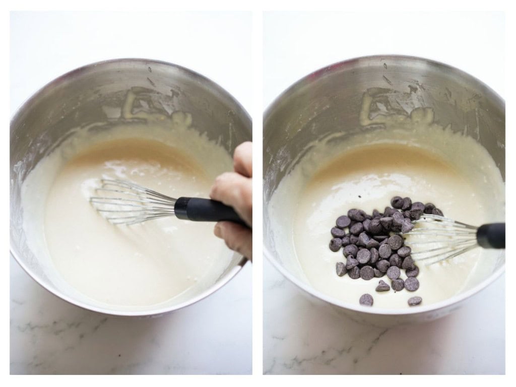 Adding chocolate chips to pancake batter