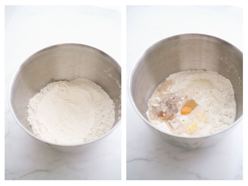 A well in dry ingredients then adding wet ingredients to it