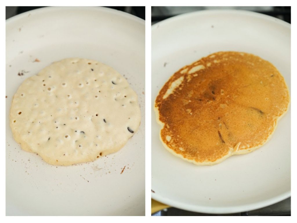 Bubbles in pancake while it's cooking, then pancake is flipped revealing the golden brown bottom