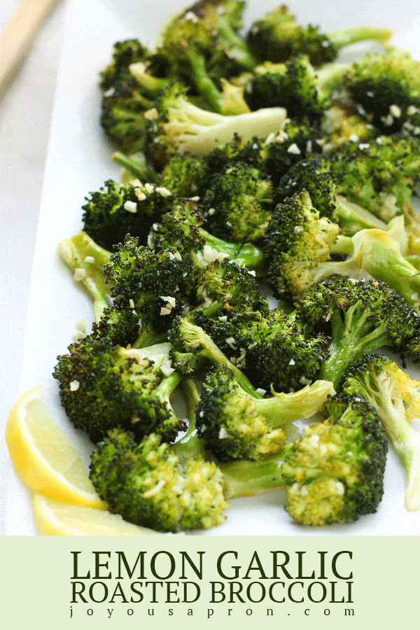 Roasted Lemon Garlic Broccoli - easy, healthy and yummy veggie side recipe! Broccoli is coated with lemon juice, garlic and butter, then baked in the oven. An easy vegetable side to any meal! Vegetarian and gluten free. via @joyousapron