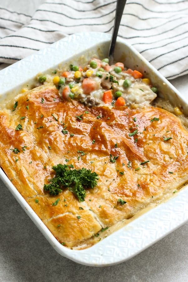 A square casserole of Puff Pastry Chicken Pot Pie