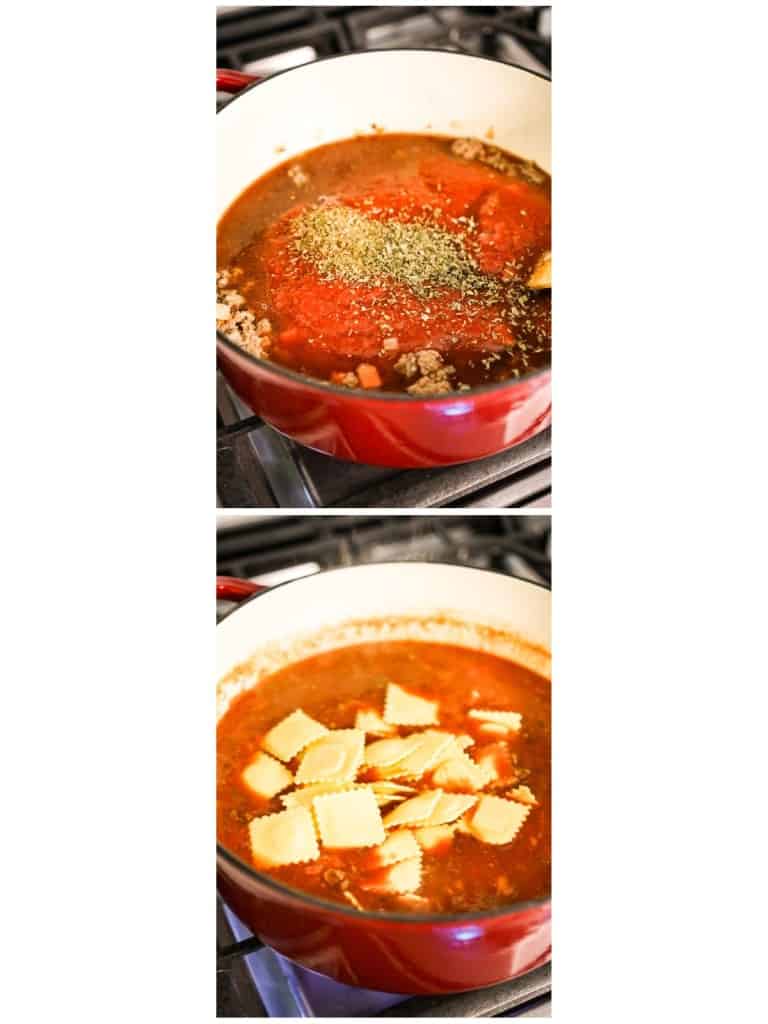 Adding aromatics to broth and tomatoes, then adding ravioli