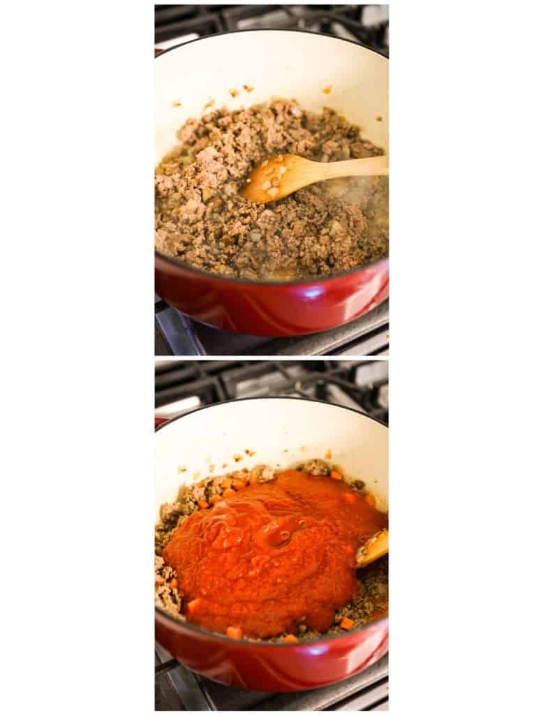 Sauteing ground beef in a large pot, then adding tomatoes