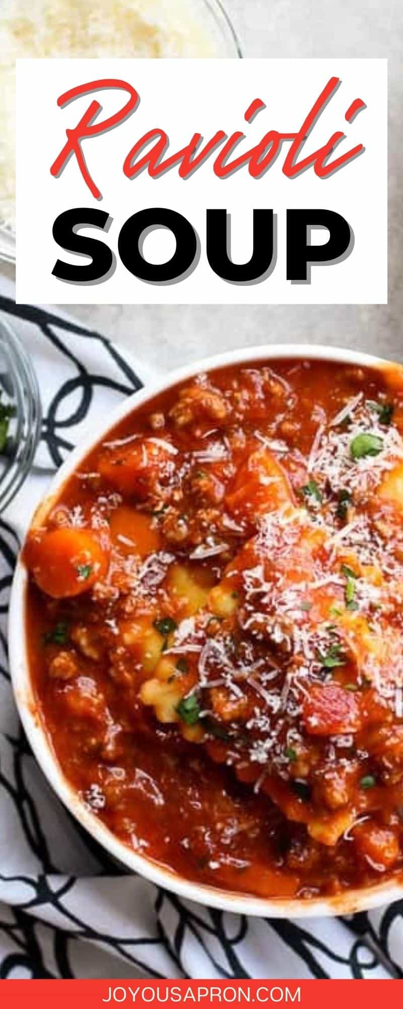 Ravioli Tomato Beef Soup - easy one pot meal comfort food soup recipe! A tomato and beef broth based soup filled with cheese ravioli, ground beef, carrots, and lot of herbs and spices. So flavorful and perfect for busy weeknights! via @joyousapron