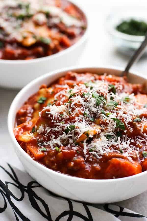 Two bowls of Ravioli Beef Soup