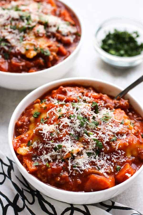 Two bowls of Ravioli Beef Soup