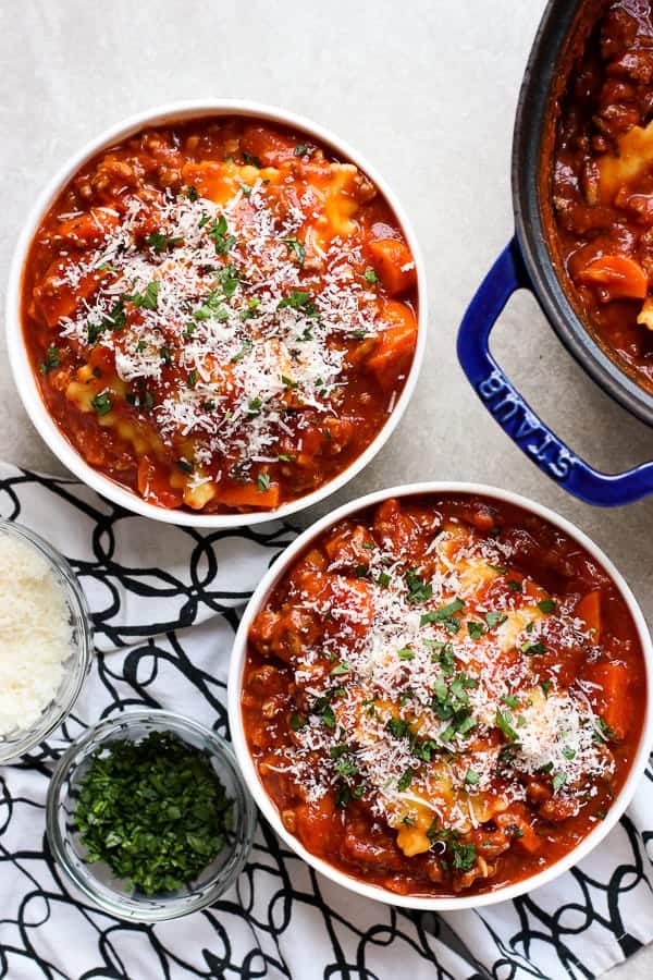 Two bowls of Ravioli Beef Soup
