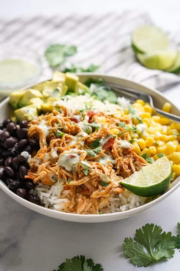 A bowl of Slow Cooker Chicken Burrito Bowl