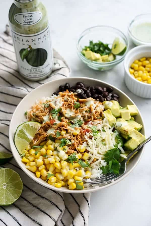 Chicken Burrito Bowl with BRIANNAS dressing in the background