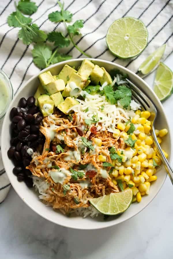 A bowl of Slow Cooker Chicken Burrito Bowl