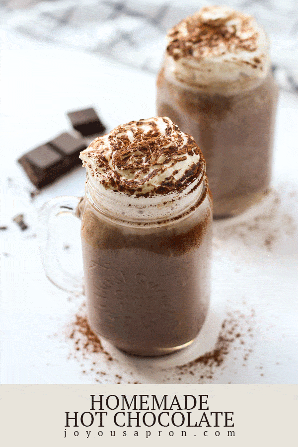 Homemade Hot Chocolate - The perfect drink dessert for the holidays and Fall and winter cold-weather days! Warm, silky, creamy, rich and made with real chocolate! Top with whipped cream or marshmallow for the ultimate sweet treat. via @joyousapron