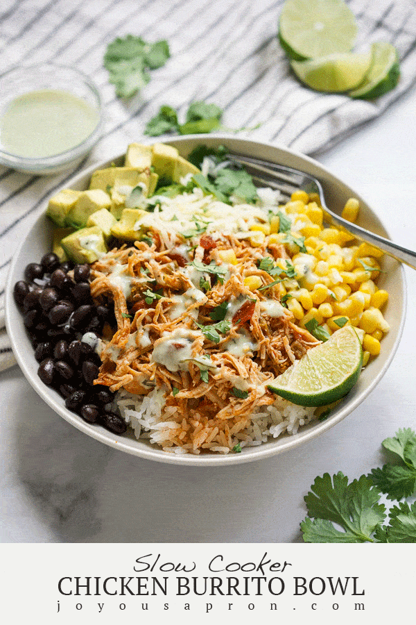 Slow Cooker Chicken Burrito Bowl - delicious crockpot recipe! Shredded Mexican chicken combined with rice, corn, black beans, cheese, avocado and lime juice in a bowl. An easy dinner and meal prep. via @joyousapron