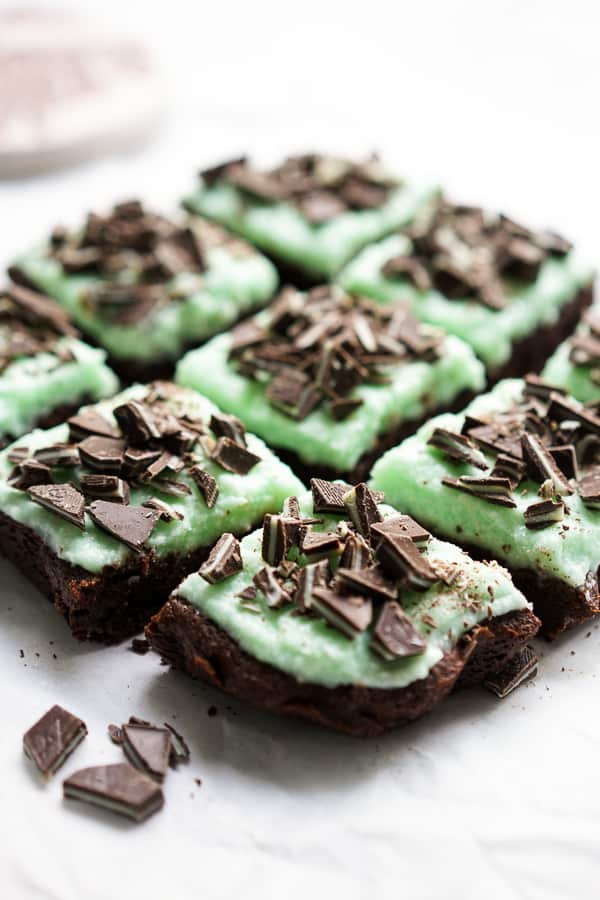 Chocolate Brownies topped with mint icing and Andes Mint pieces