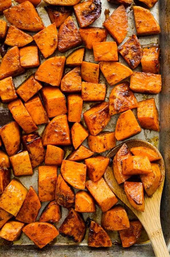 Sweet potatoes on sheet pan after baking