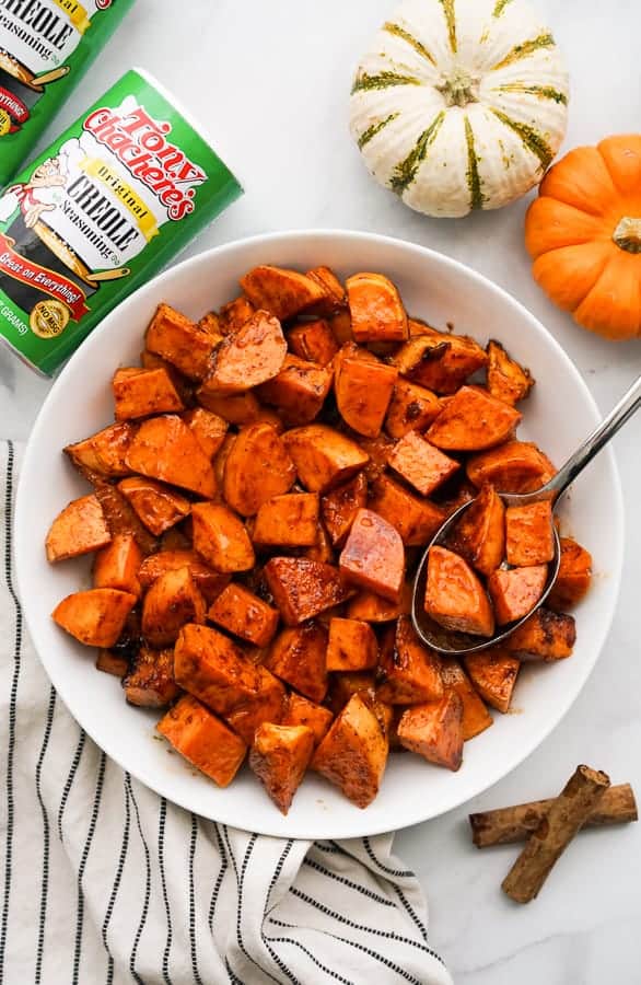 Top down view of Spicy Roasted Sweet Potatoes