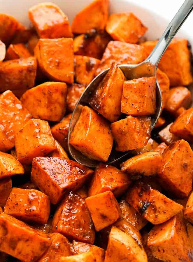 Close up view of Spicy Roasted Sweet Potatoes