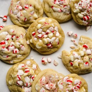 Lots of White Chocolate Peppermint Cookies on the counter
