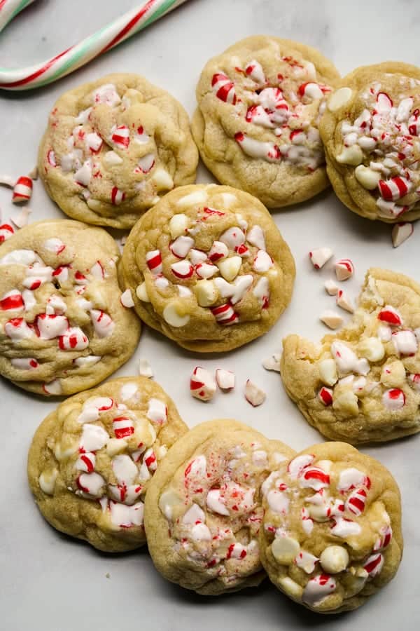 Lots of White Chocolate Peppermint Cookies on the counter