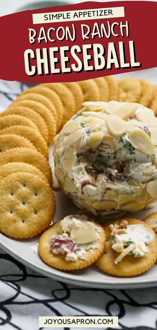 Bacon Ranch Cheeseball - addictive ranch cheeseball appetizer! Cheeseball is flavored with bacon, cheddar, green onions and ranch, then coated with crunchy shaved almonds. Perfect for holidays, parties, potlucks and game day! via @joyousapron