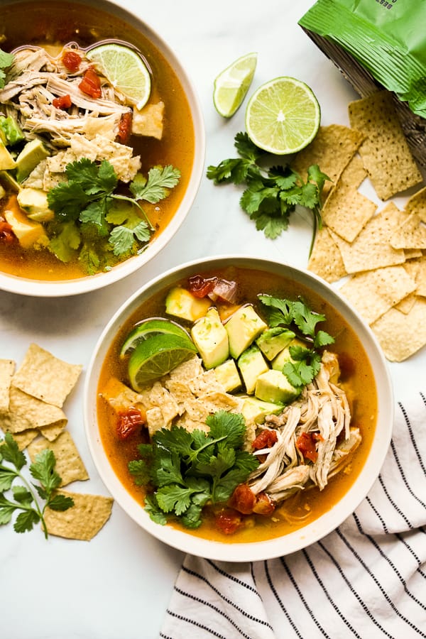Two bowls of Instant Pot Chicken Tortilla Soup
