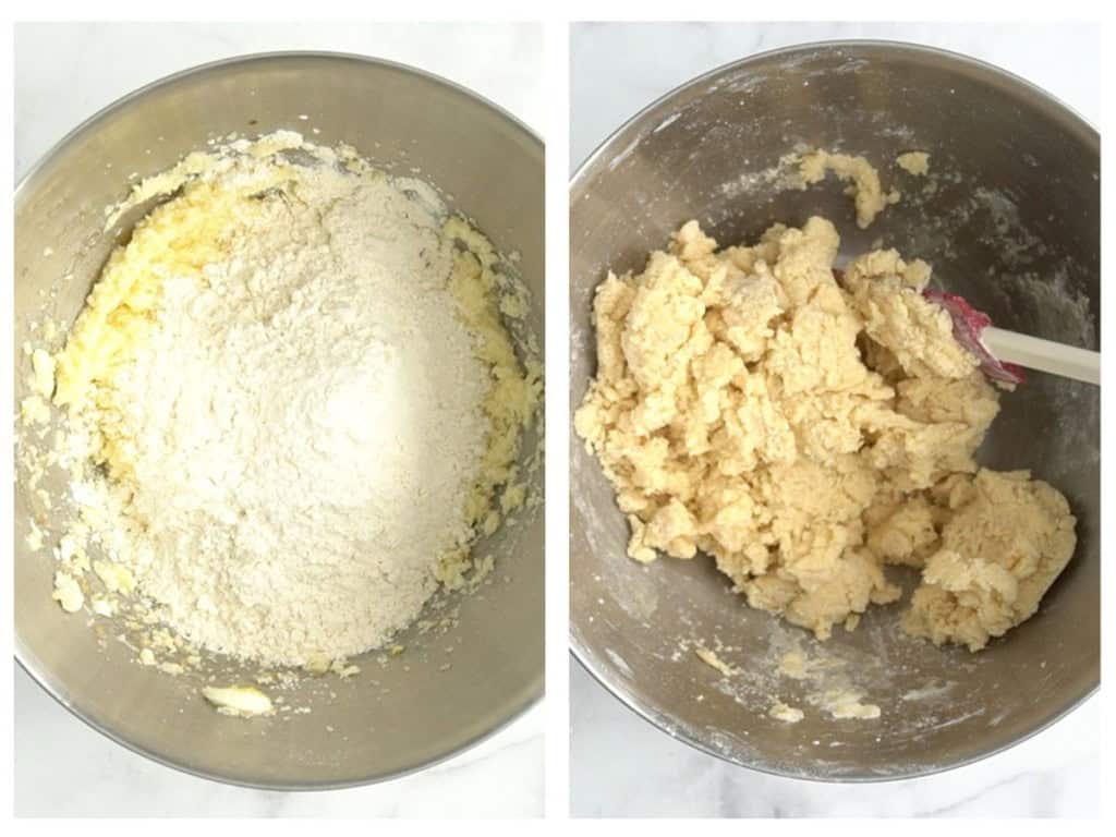 Adding dry flour mixture to wet ingredients, then using a spatula to fold to combine