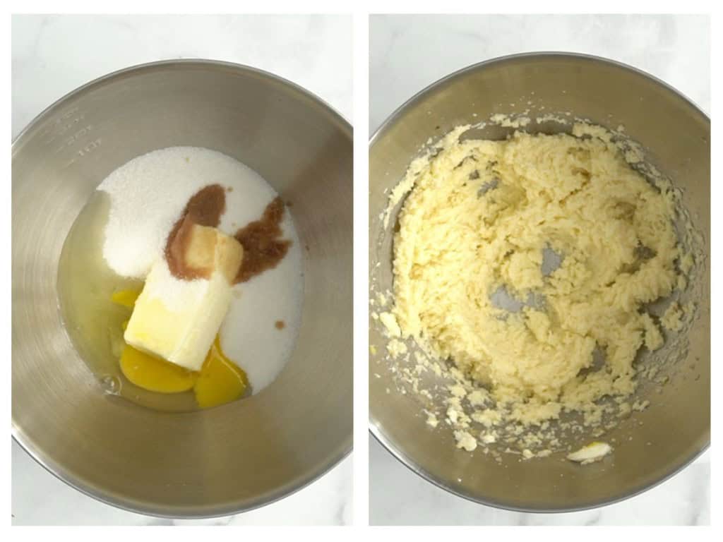 Mixing wet ingredients consisting of butter, sugar, vanilla extract and egg